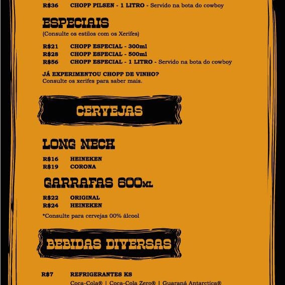 Recorte do cardápio oficial de chopps, cervejas e bebidas