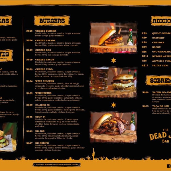 Recorte do cardápio oficial de burgers e baguetes