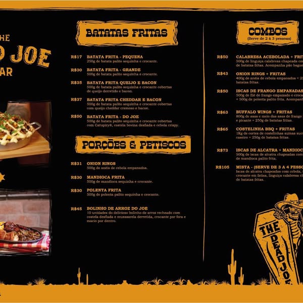 Recorte do cardápio oficial de porções, petiscos e combos